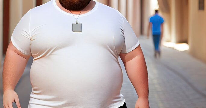 City Background Overweight Male Blank White Tshirt Generative AI