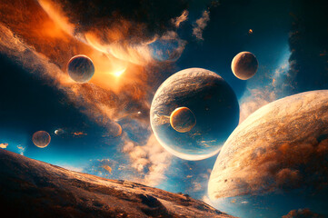 Futuristic image of big planets and stars on blue sky with clouds. Space scene with planets.