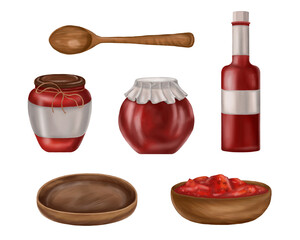A set of wooden dishes. A bowl, a tray and a spoon. A set of glass jars and bottles with tomato paste