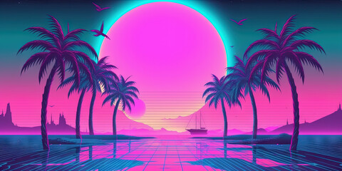 Fototapeta premium Outrun Synthwave style - 1990s retro aesthetic with palm trees and tropical sunset in pink and blue