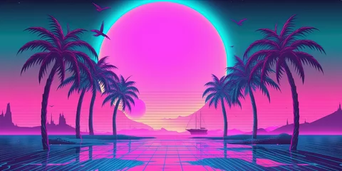 Fototapeten Outrun Synthwave style - 1990s retro aesthetic with palm trees and tropical sunset in pink and blue © Brian