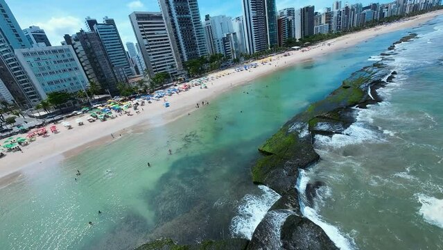 Boa Viagem Beach At Recife In Pernambuco Brazil. Cityscape Landscape. Downtown Background. Urban District. Metropolitan Buildings. Boa Viagem Beach At Recife Pernambuco Brazil.