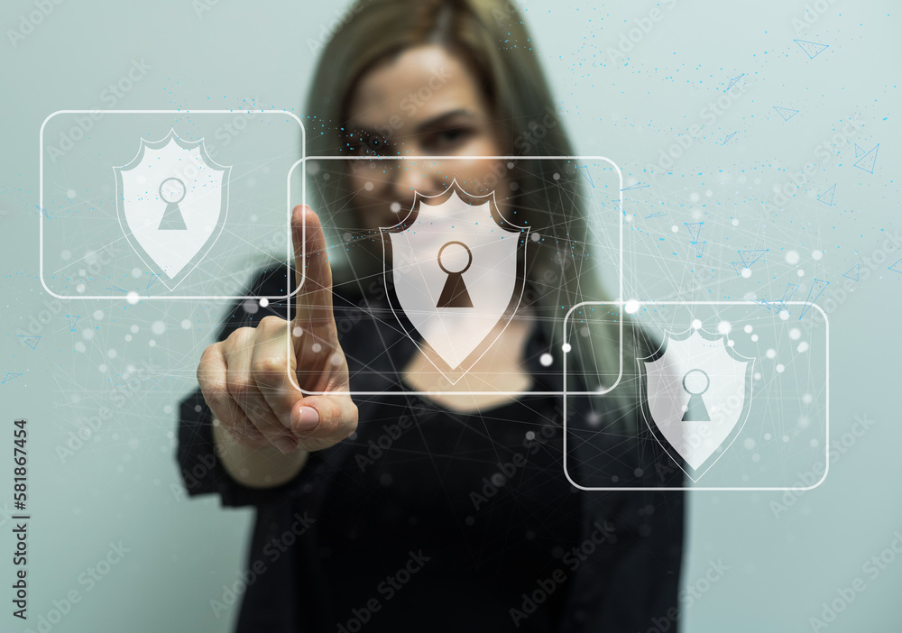 Poster cyber security and futuristic technology concept, scan password with technology icons and padlock, w
