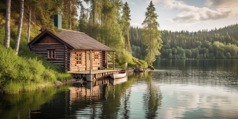Fototapeta na wymiar Idyllic log cabin in the woods by the lake