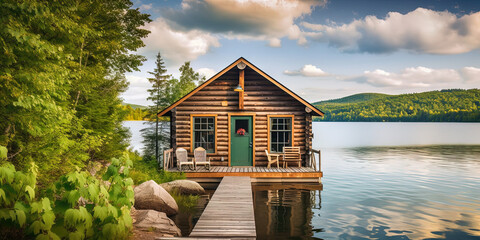 Idyllic log cabin in the woods by the lake