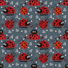 Seamless pattern with ladybird on grey background 