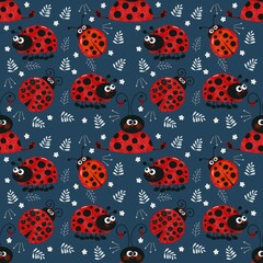 Seamless pattern with cute ladybird on blue background 