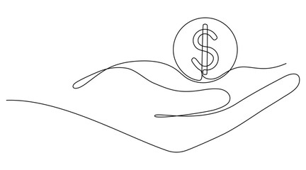 Hand holding coin cent continuous one line drawing art. Dollar linear symbol. Savings money concept. Vector isolated on white.