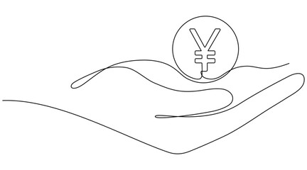 Hand holding yen coin continuous one line drawing art. Japanese money linear symbol. Savings money concept. Vector isolated on white.