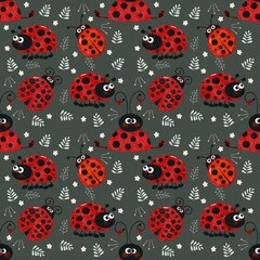 Seamless pattern with ladybirds on dark background 
