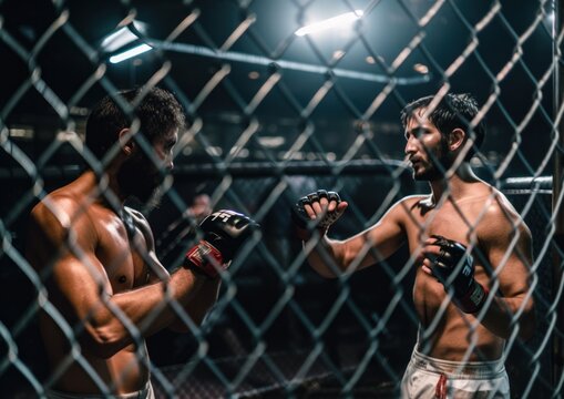 Two MMA fighters in the cage. Generative AI.