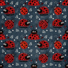 Seamless pattern with ladybird on dark background 