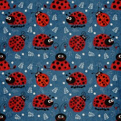 Seamless pattern with ladybird on blue background 