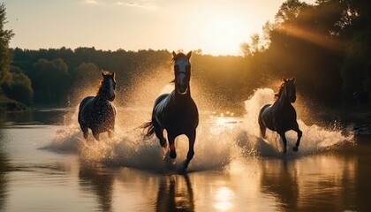 Galloping horses jumping over the river in freedom wild Generative AI Illustration