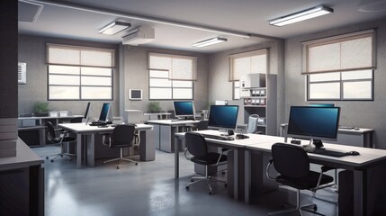 Office room of a company with many desktop computers in open space Generative AI Illustration