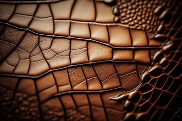 Brown crocodile skin texture, macro shot. Background for text. AI generated.