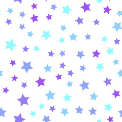 Fototapeta na wymiar Seamless repeating pattern of blue, purple and turquoise stars on white background for fabric, textile, papers and other various surfaces
