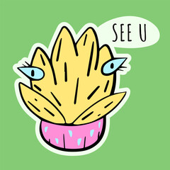 SEE U.sticker of cute cactus in flowerpot. desert plant isolated.succulents with funny faces.Kawaii cactus