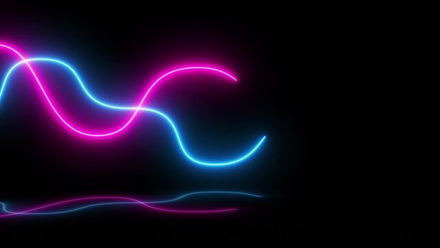 Glowing neon lines in pink and blue colors, abstract footage background. Music equalizer video chart, ultraviolet spectrum, laser show, chaotic waves, looped animation on black background.