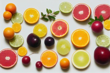 Fototapeta na wymiar Overhead view of fruit salad on a white background - Generative AI