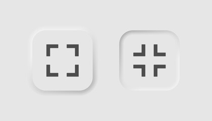Fullscreen button in neumorphism style. Icons for business, white UI, UX. Expand window symbol. Square shape with arrows, decrease. Neumorphic style. Vector illustration.