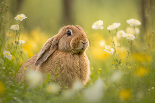 lapin dans un champ, fleurs, prairie, printemps