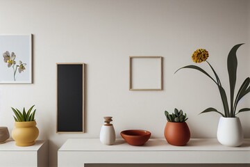 Fototapeta na wymiar Minimalist living room with flower vase, ceramic pot, cup, camera mockup, and empty wooden picture frame on white wooden wall. Generative AI
