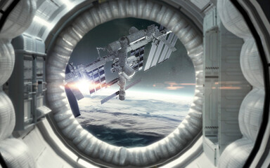 3D illustration of space station and porthole. 5K realistic science fiction art. Elements of image provided by Nasa