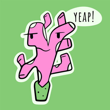 Yeap.sticker of cute cactus in flowerpot. desert plant isolated.succulents with funny face.Kawaii cactus