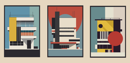 Set of modern city buildings in flat style. Urban architecture. Vector illustration