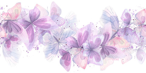 Pink, lilac and blue butterflies, gentle, airy, flying. Watercolor illustration. Seamless border on a white background. For decoration and design of posters, wallpapers, postcards, fabrics, textiles © NATASHA-CHU