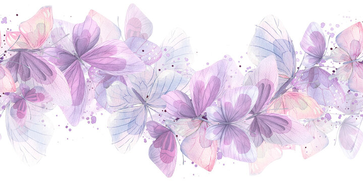 Pink, lilac and blue butterflies, gentle, airy, flying. Watercolor illustration. Seamless border on a white background. For decoration and design of posters, wallpapers, postcards, fabrics, textiles