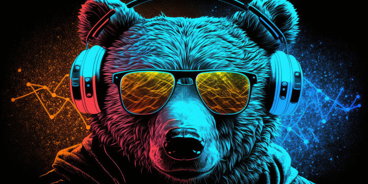 Cool neon party dj bear in headphones and sunglasses, generative ai	