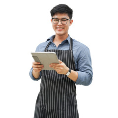 close up asian man use digital tablet to receive order from customer and smile isolated on transparent background for png design and SME business concept