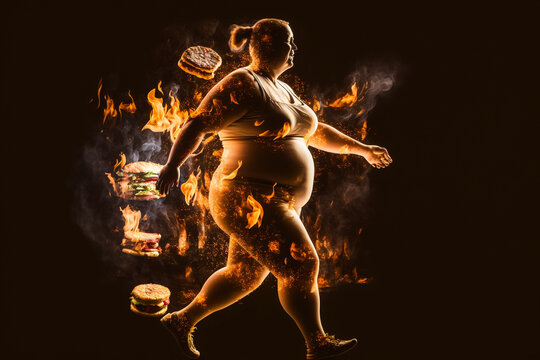  fast food problem of being overweight. Improper diet, junk food, unhealthy habits. Overweight problem, fat people, big belly, extra calories, diet. Burger Fat Proper nutrition. Generative AI