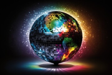 Large globe illuminated with colorful lights creating an awe - inspiring disco ball, concept of Disco Atmosphere and Multicolored Illumination, created with Generative AI technology