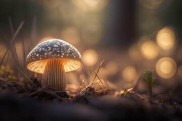 Fototapeta na wymiar Macro shot of a delicate mushroom growing on a forest floor with shallow depth of field, concept of Soft Focus and Intricate Detail, created with Generative AI technology