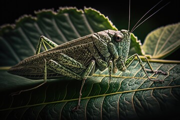 Macro shot of a grasshopper perched on a leaf with details of the insect and the texture of the leaf, concept of Close-up Photography and Focus Control, created with Generative AI technology