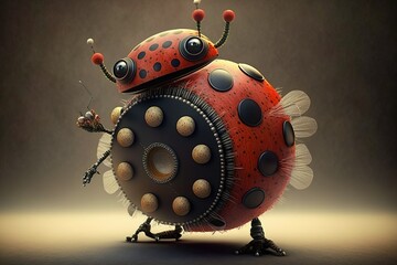 Ladybug with a tambourine body complete with jingles and a drumhead, concept of Insect Music and Jingle Instrument, created with Generative AI technology - obrazy, fototapety, plakaty