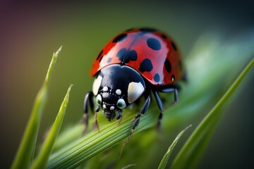 Fototapeta premium Macro shot of a ladybug crawling on a blade of grass with the vibrant red and black colors of the insect, concept of Symmetry and Contrast, created with Generative AI technology