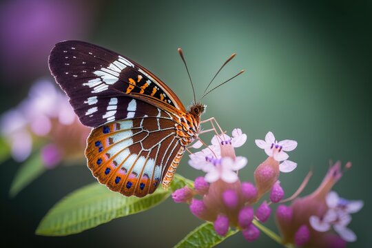 Macro photograph of a colorful butterfly perched on a delicate flower with a blurred background of lush foliage, concept of Close-up and Bokeh, created with Generative AI technology
