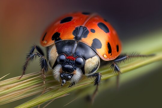 Macro shot of a ladybug crawling on a blade of grass with the vibrant red and black colors, created with Generative AI technology