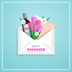 Passover greeting card or banner. Holiday symbols matzah, wine and spring flowers. Happy Passover in Hebrew.
