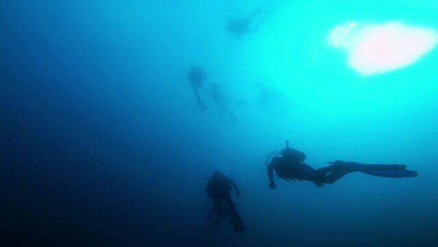 Silhouette of Scuba Divers Ascending. Scuba Divers and Air Bubbles Against The Sunlight. Five Scuba Divers in Deep Blue See. Open Water Diving. Deep Diving. Health Benefits of Scuba Diving.