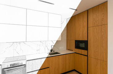 kitchen interior design. Combination of photo and sketch