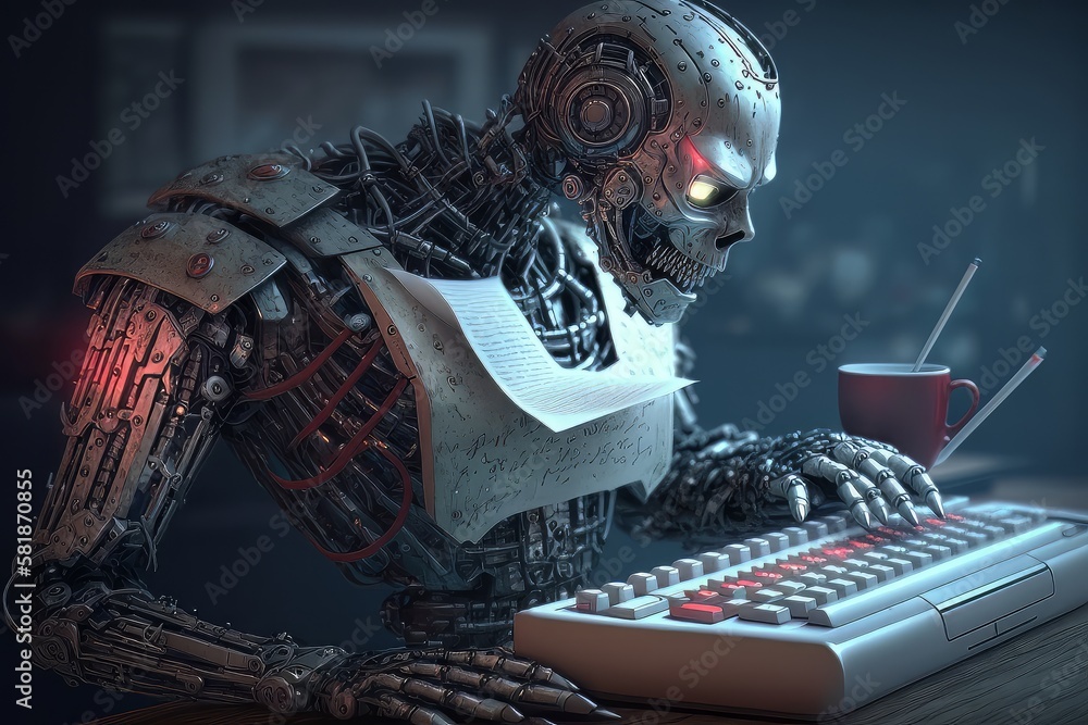 Poster office worker robot. process, science, intelligence, technical support, documents, smart, quality co