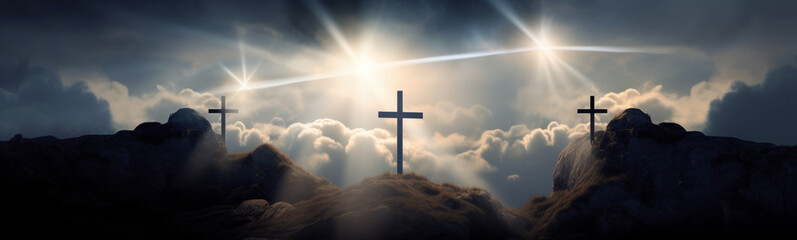 Resurrection - Light Cross Shape In Clouds - three crosses on top of a mountain, Christianity , accession of Jesus, the crucifixion of Jesus, Generative AI