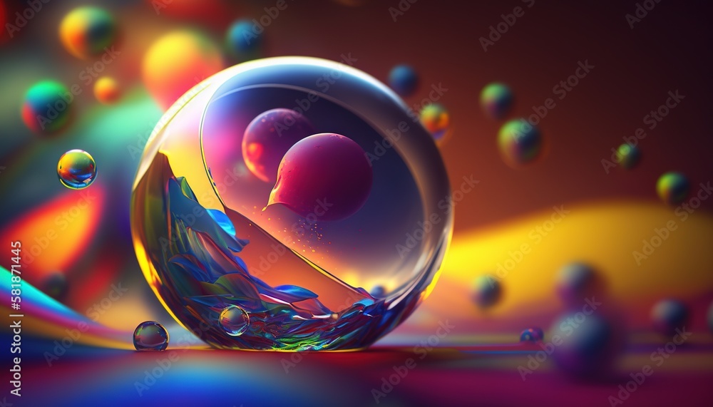 Poster a glass ball with some bubbles in the middle of the image and a colorful background with a lot of bu