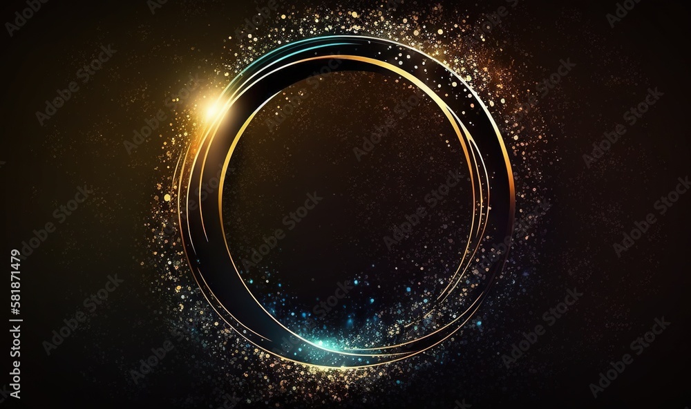 Poster a gold circle with sparkles on a black background with a light effect in the middle of it and a blac