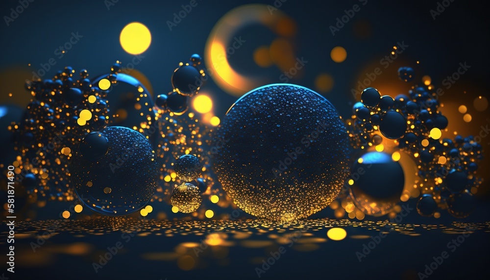 Poster a blue and yellow background with many balls and bubbles in it and a black background with yellow an